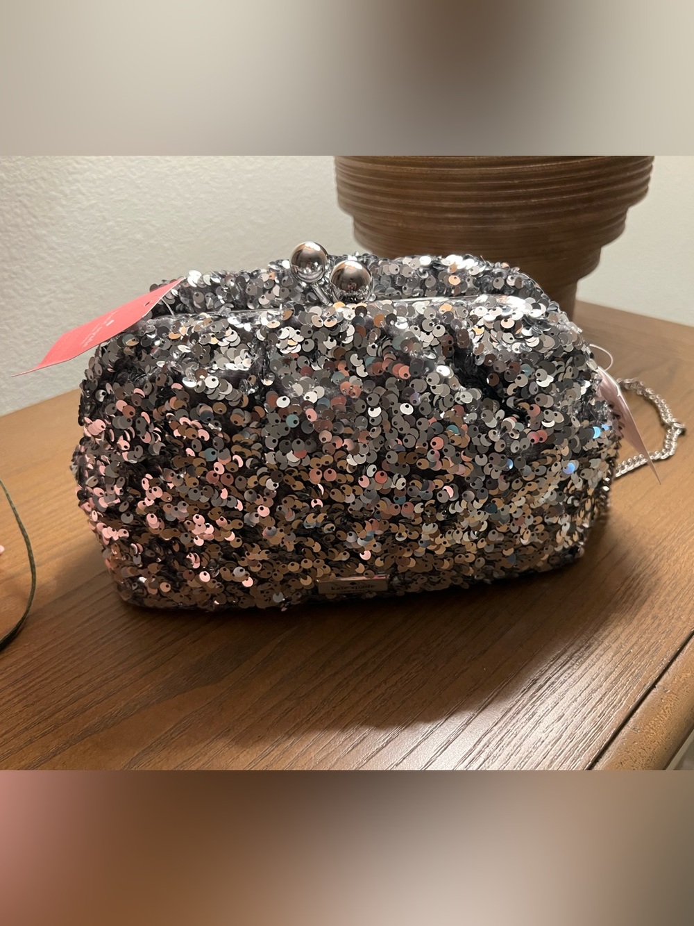 Sequin Kiss-Lock Evening Clutch in Silver NWT